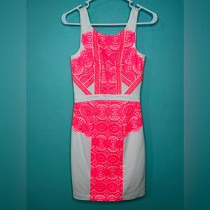 NEW Gianni Bini White Ivory Neon Watermelon Pink Lace Mini Summer Dress